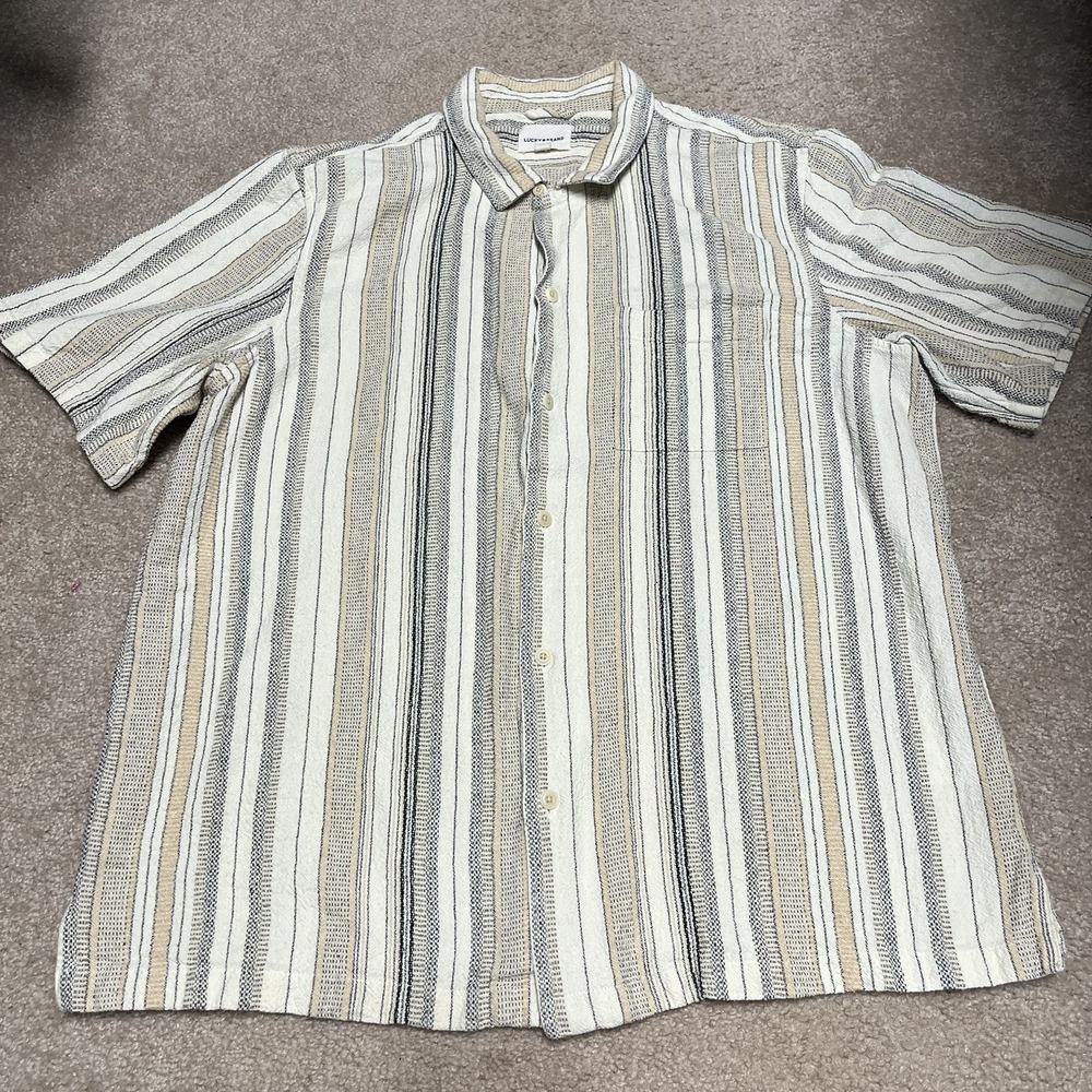 Lucky Brand Men's XL Linen texture Cotton Striped Shirt multicolor Short Sleeve